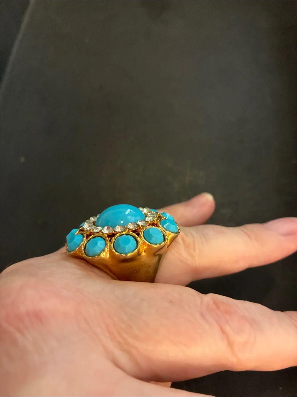 Turquoise Cabochon Statement Ring with Surrounding Clear Crystals